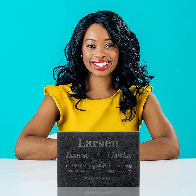 PlaqueMaker Black Granite Memorial Headstone for Two Lost Loved - Great for Your Garden, Tree Dedication, or in a Cemetery. Includes Your Text and Select Clipart (12 x 8 x 2)