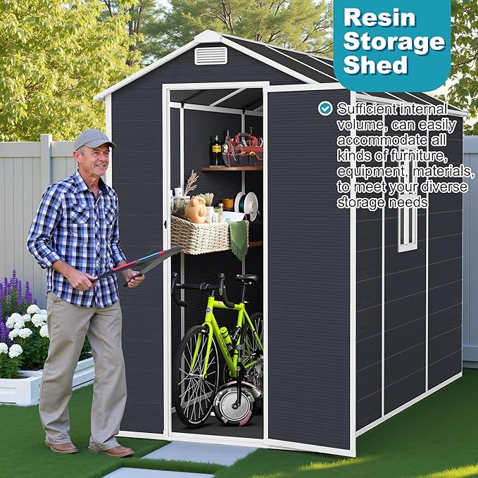 4x8 FT Plastic Outdoor Storage Shed, Resin Plastic Tool Shed with Lockable Doors & Peaked Roof, Garden Shed with Side Window & Floor, for Backyard Garden Patio Lawn, Dark Gray