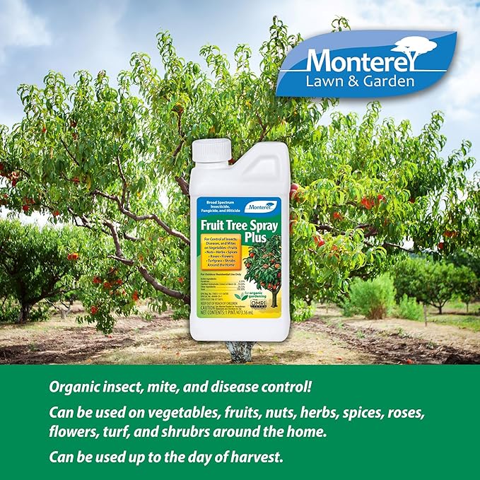Monterey Fruit Tree Spray Plus for Control of Insects, Diseases, and Mites - Organic Gardening OMRI Listed, Contains Neem Oil and Pyrethrins - 15 oz