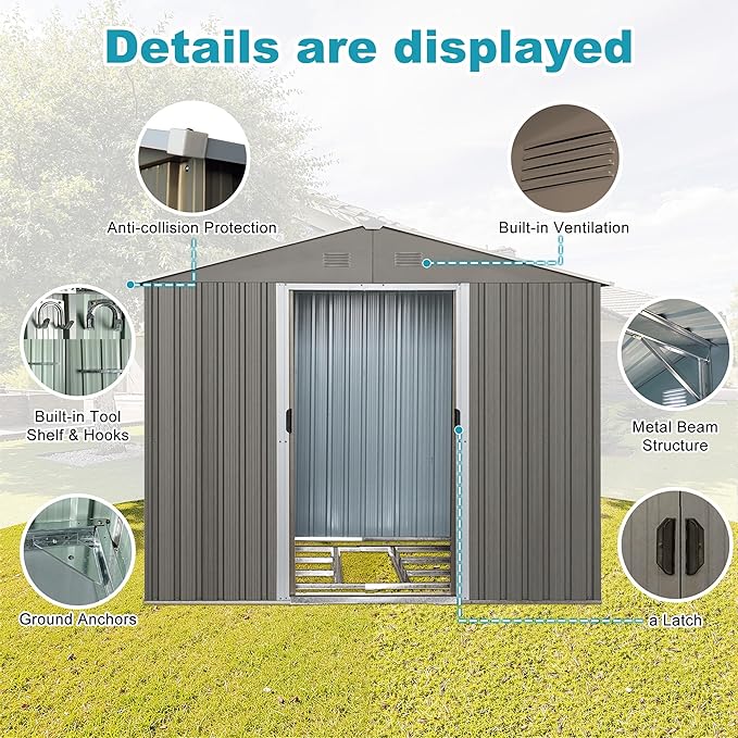 Sheds & Outdoor Storage 8ft x 10ft Metal Storage Shed with Metal Foundation, Gloves, Anchors, Tools Garden Tool Storage Cabinet with Secure Sliding Doors with Padlock for Backyard, Patio, Gray