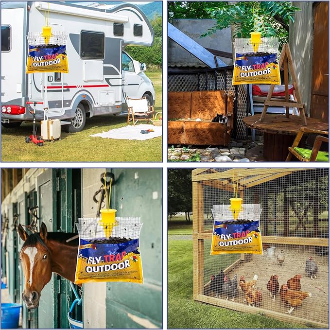 Disposable Fly Traps Bags 4 Pack Hanging Outdoor, Flies Traps with Natural Pre-Bait Refill Catcher Repellent, Stable Horse Ranch Killer Helps Control