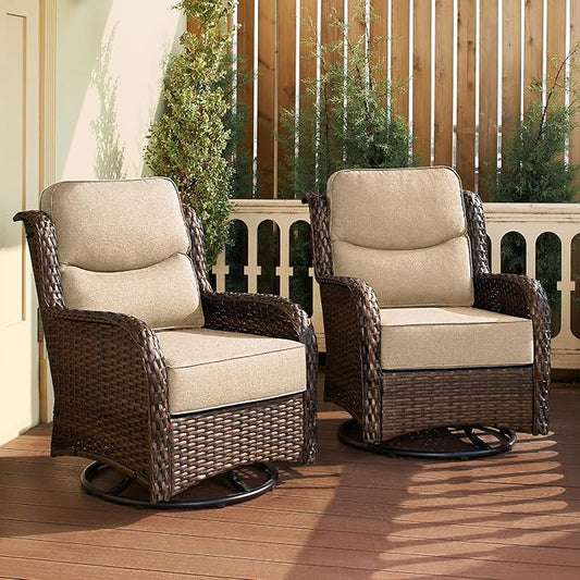 HILLGA Luxury Patio Furniture Set with 6-inch Thick Cushion, Outdoor High Back Swivel Rocker Patio Chairs, 2PCS Wicker Conversation Set for Deck Yard and Poolside, Beige (V2)