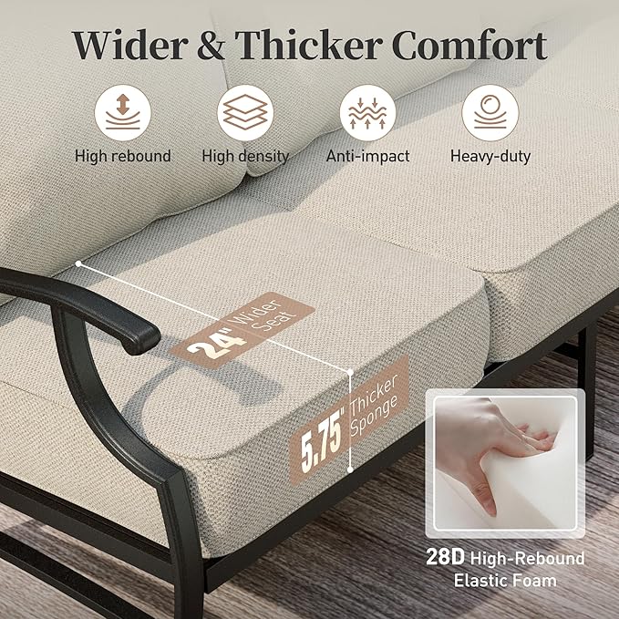 Patio Furniture Set, Modern Metal Outdoor Patio Furniture, 3 Seater Sofa, 2 Single Chairs, 2 Ottomans, Coffee Table and 5.75" Extra Thick Cushion, Patio Conversation Set for Backyard