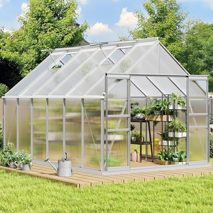 YITAHOME 12x8FT Polycarbonate Greenhouse Large Heavy Duty Green Houses Outdoor Aluminum Greenhouses with Sliding Doors Vent Window Walk-in Greenhouse for Garden Backyard, Silver