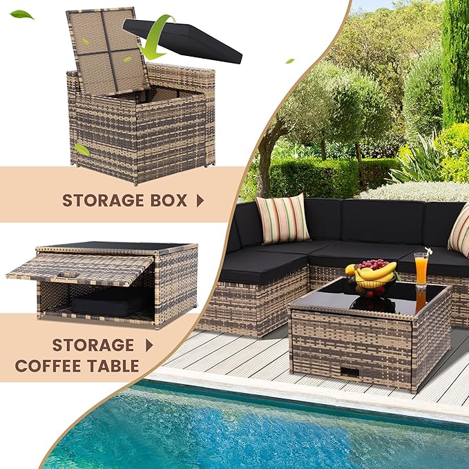 8 Pieces Outdoor Wicker Rattan Patio Furniture Sectional Set, Glass Top Table with Hidden Storage, 7 Sofa Sections, Oversized Cushions, Natural Color Rattan with Black Cushion