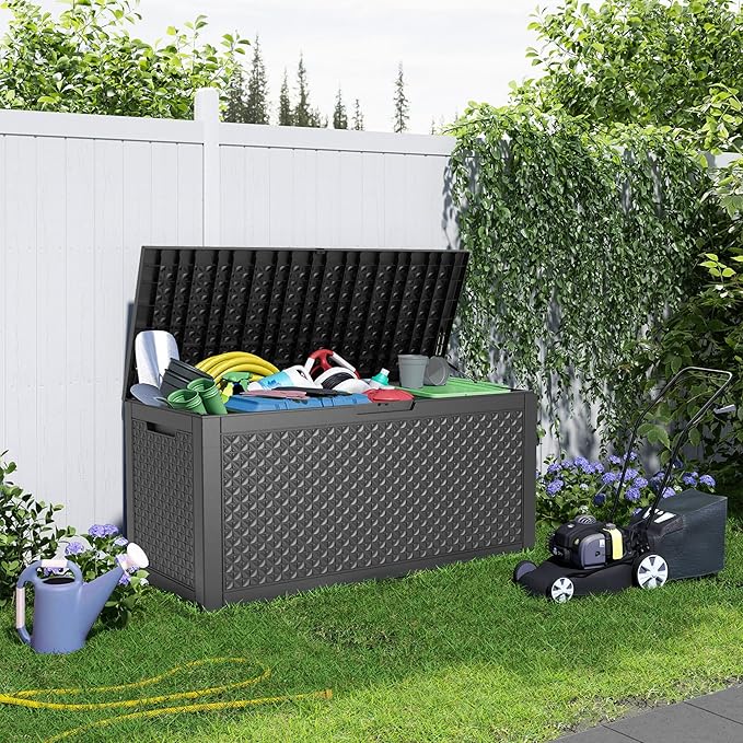 100 Gallon Large Deck Box,Resin Outdoor Storage Box with Lockable for Patio Furniture, Pool Accessories, Garden Tools Waterproof Outside Storage Box, Black Lozenge