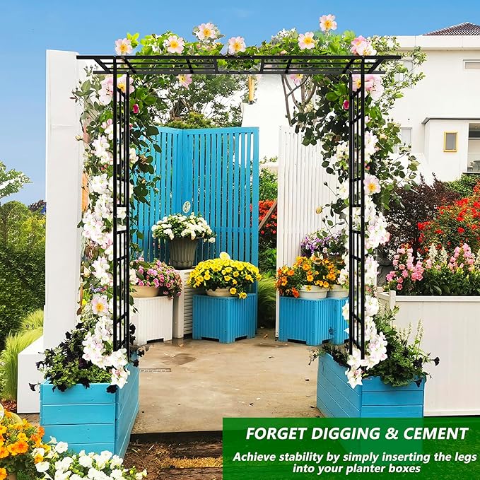 Metal Garden Arch Arbor Trellis Climbing Plants Outdoor Black Flat Top or Arch, Adjustable Width W42.52''~W78.15'', for Lawn Wedding Party Archway