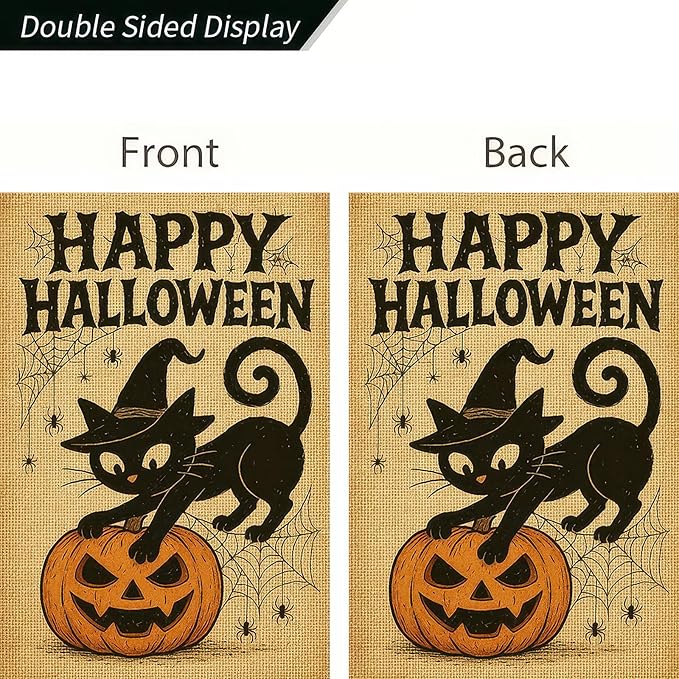 Happy Halloween Garden Flag 12x18 Inch Double-Sided Black Cat Flags Pumpkin Spider Web Design Fall Outdoor Decoration Polyester Yard Banner for Porch or Lawn