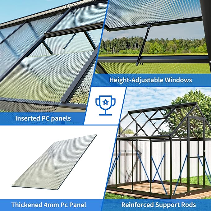 WKM 5.8x7.3 FT Greenhouse for Outdoors, Quick-fit Structure Greenhouse with Window for Ventilation, Aluminum Green House for Garden Backyard, Black