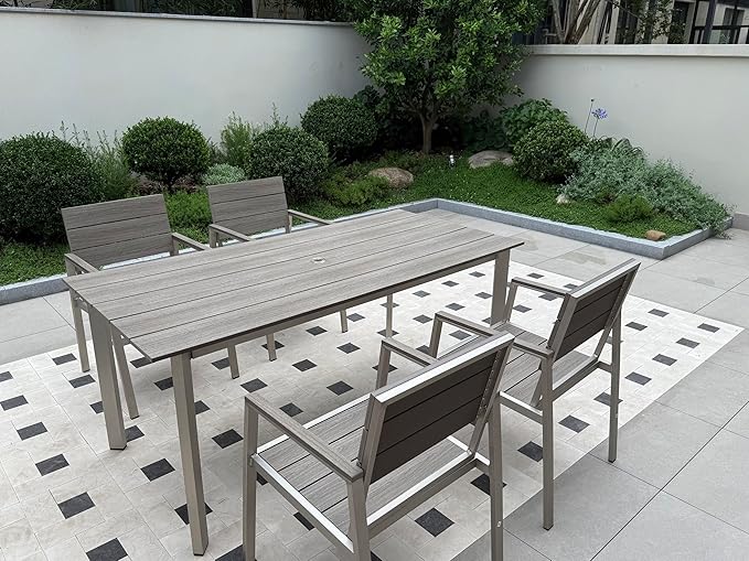 Outdoor Dining Set for 4, Patio Table and Chairs Set with Umbrella Hole, 5 Pieces HDPS Outdoor Furniture Sets for Patio, Garden, Backyard （Silver & Gray）