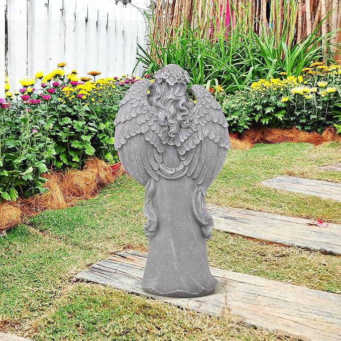 Outdoor Statues Angel Décor Garden Statue- 23.5" H Angel Statue,Resin Angel with Bird Figurine, Ideal for Yard, Patio, Deck, Home Entryway, and Hallway（Grey）