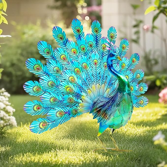 Autodaya 27.5" Tall Metal Peacock Garden Statue - Handmade, 3D Textured, Tail Spread Sculptures for Patio, Garden or Entryway.