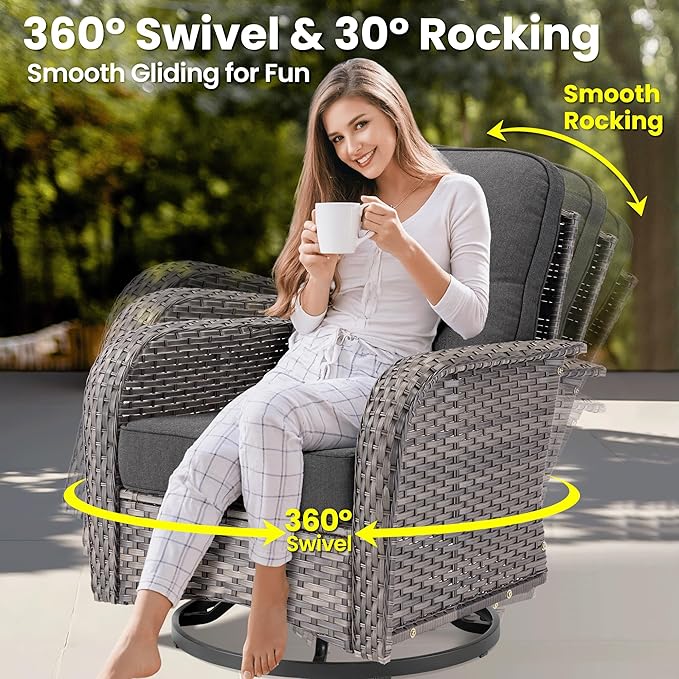 ovios 6 Pieces Patio Furniture Set, Outdoor Wicker Sofa Couch with Rocking Swivel Chairs Comfy Cushions, Modern Deep Seat Rattan Conversation Sets for Porch Deck, Black