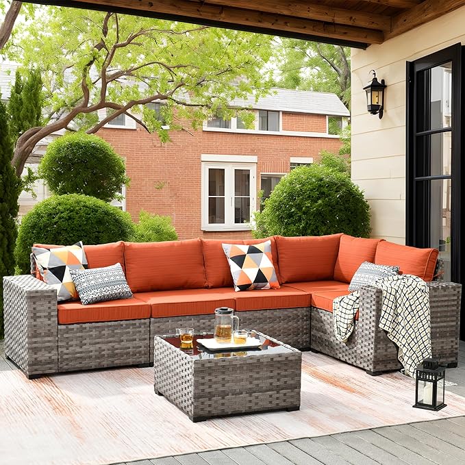 ovios 6 Pieces Patio Furniture Set, Outdoor Wicker Sectional Sofa with Glass Table Comfy Cushions, Modern Modular Deep Seat Couch Rattan Conversation Set, Orange Red