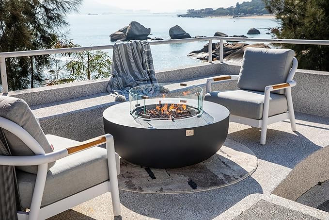 AMS Creations | Eclipse 44" Bundle Round Cast Concrete Natural Gas Fire Pit Bowl Table | Dark Gray | Smooth Texture Surface | Electronic Ignition | Outdoor Patio Heater Outside Backyard Fireplace