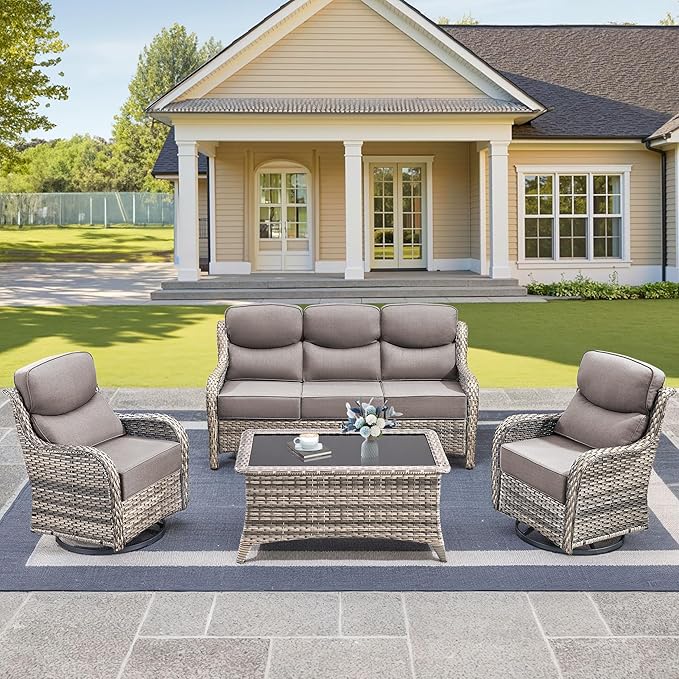 Luxury High Back Outdoor Furniture with 6-Inch Thick Cushions, Patio Furniture Set with Swivel Chairs, 4 PCS Wicker Conversation Set for Porch, Balcony, Deck and Yard