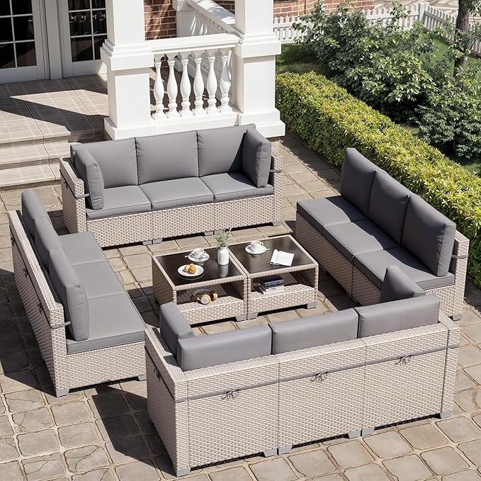 14 Pieces Patio Furniture Set, Outdoor Sectional Wicker Sofa with Thick Cushions and Storage Coffee Table, Rattan Patio Conversation Sets for Deck Yard Poolside, Grey