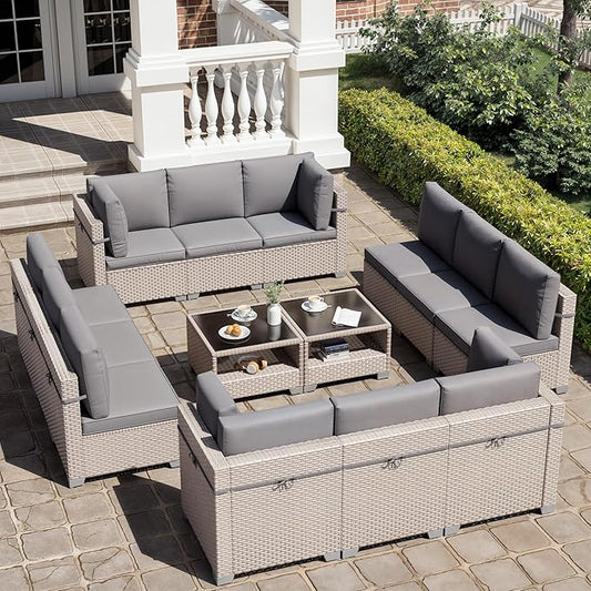 14 Pieces Patio Furniture Set, Outdoor Sectional Wicker Sofa with Thick Cushions and Storage Coffee Table, Rattan Patio Conversation Sets for Deck Yard Poolside, Grey