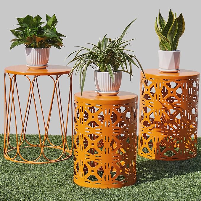 Y&M Metal Round Table, Coffee Table End Patio Table for Indoor Outdoor Multifunctional Use, Heavy Duty Metal Plant Stand Decorative Garden Stool Set of 3 - Orange