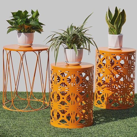 Y&M Metal Round Table, Coffee Table End Patio Table for Indoor Outdoor Multifunctional Use, Heavy Duty Metal Plant Stand Decorative Garden Stool Set of 3 - Orange