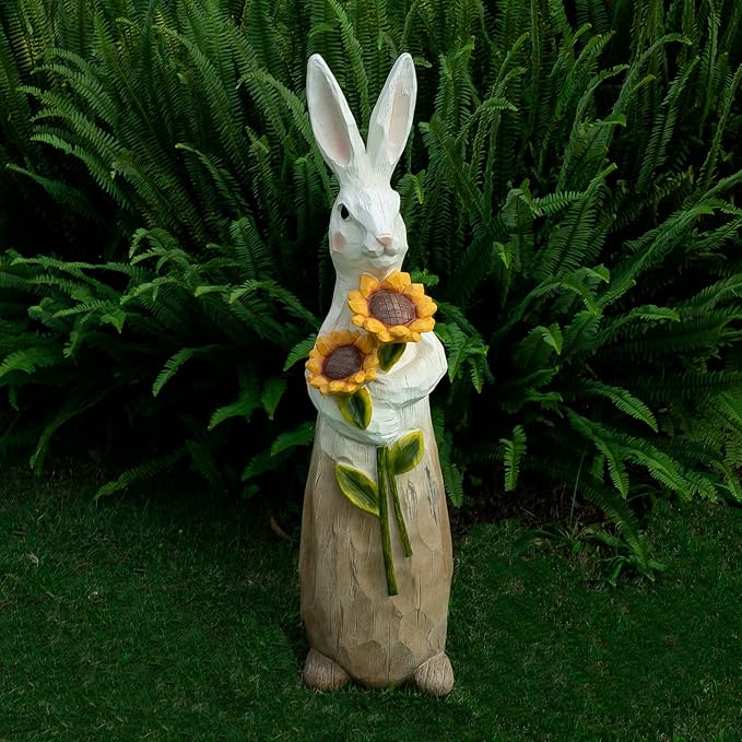 ZOEJADE 35"H Resin Large Rabbit Statue Bunny with Sunflowers Sculpture Outdoor Statues Indoor Decor Animal Ornament for Home Garden Lawn Yard Patio Balcony Gifts Birthday Easter Housewarming Christmas