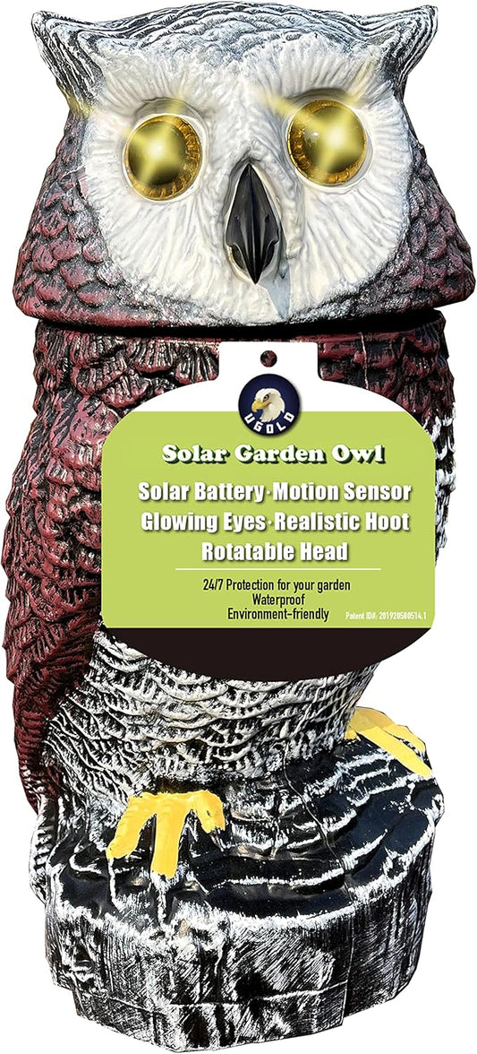 Solar Powered Garden Owl with Motion Detection, Rotating Head, Realistic Hoots and Silent Mode, Outdoor Statue and Sculpture, Owl Decoration for Home, Garden, Patio and Lawn