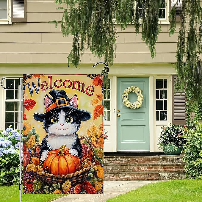 Thanksgiving Fall Garden Flag 12x18 Inch Welcome Cat with Pumpkin Outdoor Flag Double Sided Autumn Kitten Yard Banner with Witch Hat Basket Harvest Decor for Porch Lawn