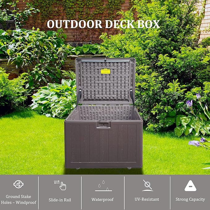33GAL Brown Blow - Molded Outdoor Deck Box with Lockable Lid - Waterproof, SGS - Certified UV Resistance, Durable Construction for Garden Tool and Pool Accessory Storage, Simple Assembly
