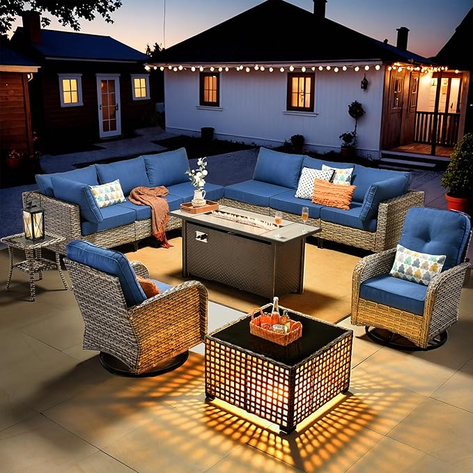 HOOOWOOO Outdoor Patio Furniture Set with Fire Pit Table,11 Pieces Wicker Out Door Sectional Furniture L Shaped Couch,Outside Patio Conversation Sets Swivel Chair,Denim Blue