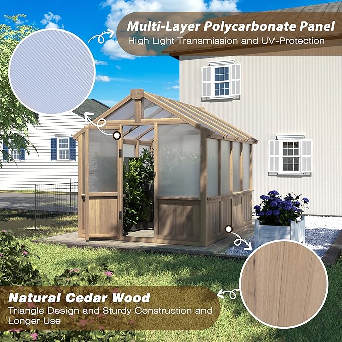 VEIKOU 6' x 8' Wooden Greenhouse for Outdoors with Cedar Frame, 6MM Thick Polycarbonate Panel, Green House with Adjustable Vent for Outside, Garden, Backyard, Light Mocha Brown