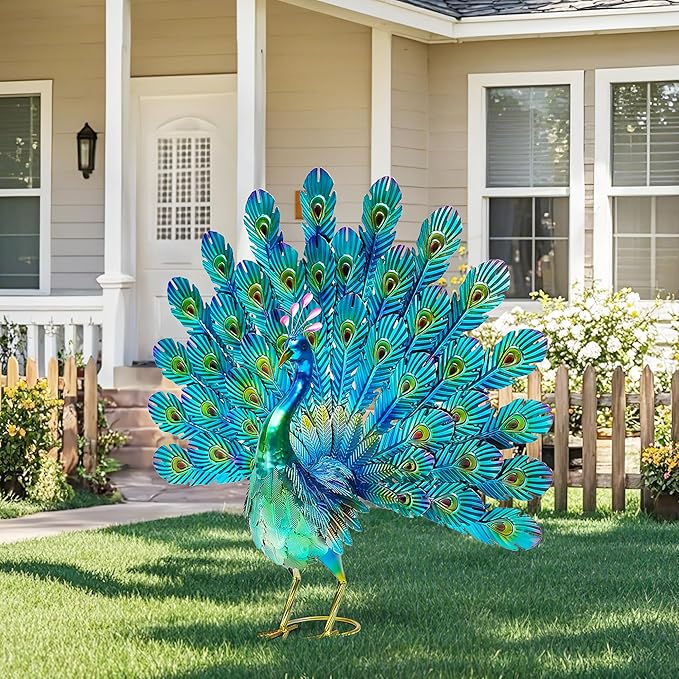 Autodaya 27.5" Tall Metal Peacock Garden Statue - Handmade, 3D Textured, Tail Spread Sculptures for Patio, Garden or Entryway.