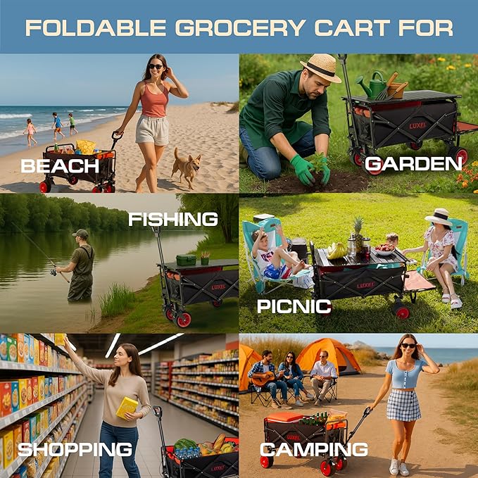 Electric Foldable Collapsible Wagon Cart Power 100W - Heavy Duty Wagons with All Terrain Wheels - with Folding Table - Beach Canvas Utility Carts, Portable for Outdoor Camping Shopping Fishing Sports