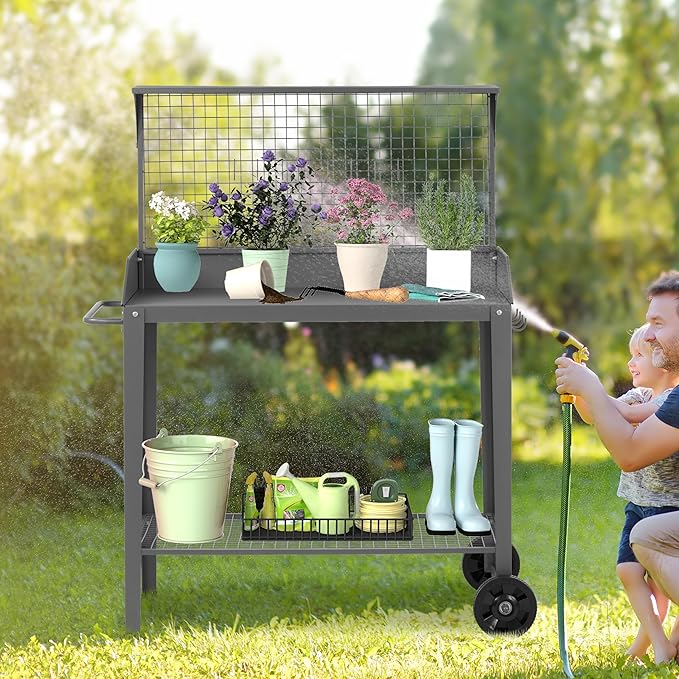 Outdoor Metal Potting Bench with Wheels, Heavy Duty Garden Workbench Table with Storage Shelf (Dark Gray, 52.8"x36.6")