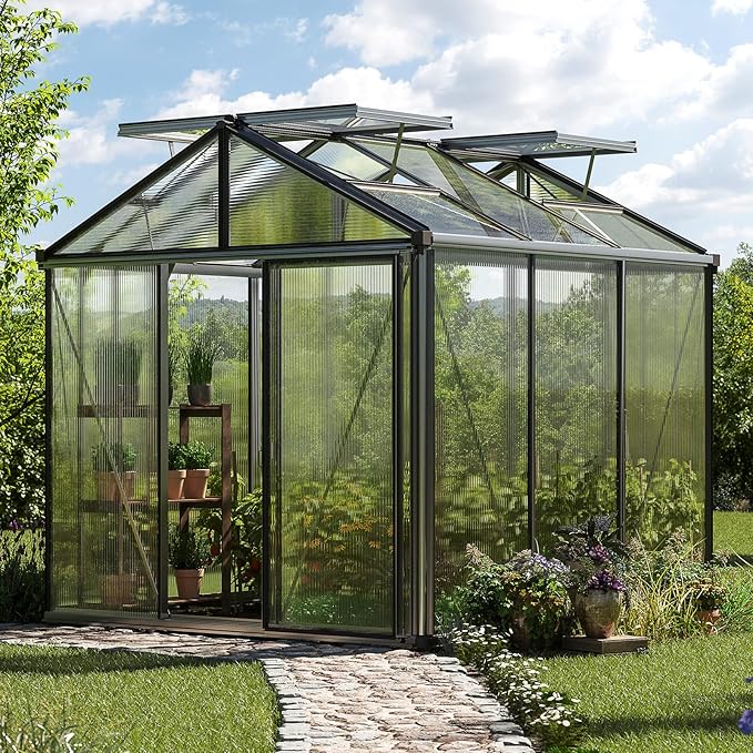 Greenhouse Diamas 21 Premium 7.7 x 7.7 ft with Approx. 16 mm Polycarbonate Panels, Natural Aluminum Color