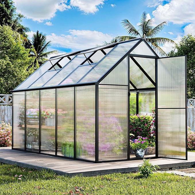 Outdoor Polycarbonate Greenhouse 10x6x6 FT Heavy Duty Aluminum Frame Outsides Green House Kit with Transparent Panels Windows Door for Backyard Garden, Walk in Plant Greenhouses,Black Thick Frame