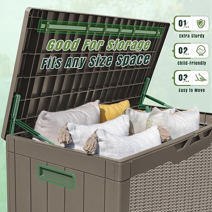Greesum 100 Gallon Resin Deck Box Large Outdoor Storage with Cushions for Patio Furniture, Garden Tools, Pool Supplies, Weatherproof and UV Resistant, Lockable, Light Coffee