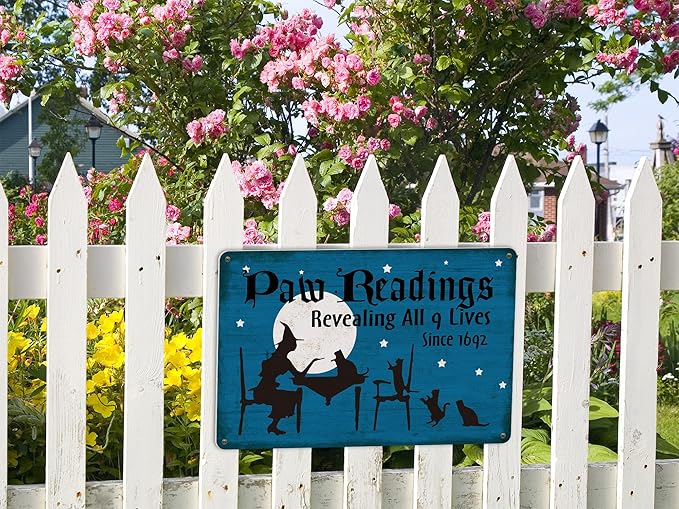 Halloween Decor Paw Readings 9 Lives Black Cats Withces Goth Decor Metal Sign Vintage Tin Sign Party Decoration 8X12 Inch