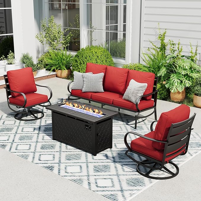 Sophia & William Patio Furniture Sets with 45" Gas Fire Pit Table Outdoor Metal Conversation Sets for 5, 2 x Swivel Cushioned Patio Sofa Chairs, 1 x 3-Seat Sofa 4 Pieces for Lawn Backyard Red