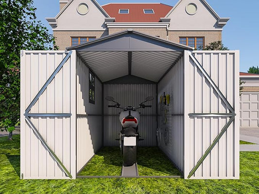 6x10 FT Outdoor Storage Shed, Metal Motorcycle Shed with Track & Fixing Device, Storage Building with Window & Lockable Hinged Doors, Waterproof Outside Garage Sheds for Garden, Backyard, Gray+White