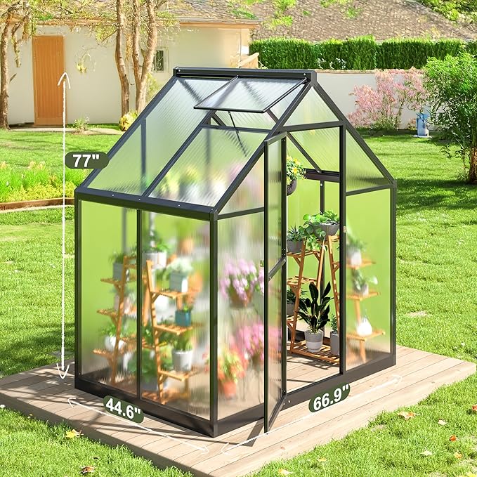 WKM Greenhouse for Outdoors 4x6 FT, Polycarbonate Green House with Roof Vent and Quick Setup Structure, Aluminum Greenhouse for Garden Backyard, Black