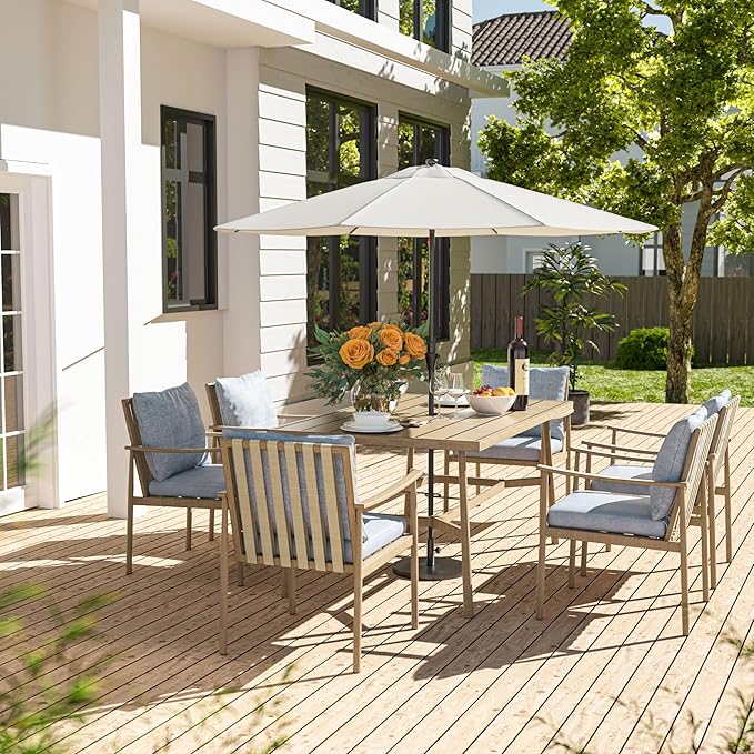 HAPPATIO 7-Piece Outdoor Dining Set for 6, Aluminum Patio Dining Set Includes 6 Dining Chairs and 1 Large Rectangular Table with Umbrella Hole, Patio Furniture Set for Lawn, Porch, Backyard, Brown