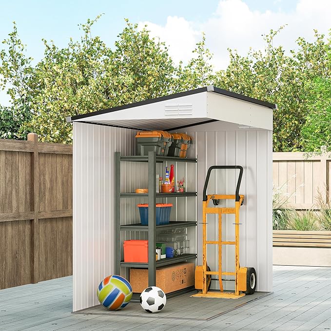Outsunny 4' x 6' Metal Outdoor Storage Shed, Lean to Storage Shed, Garden Tool Storage House with Lockable Door and 2 Air Vents for Backyard, Patio, Lawn, White