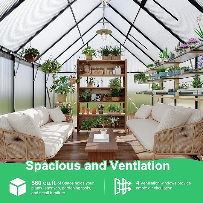 8'x10' Aluminum-Framed Polycarbonate Greenhouse, Heavy Duty Polycarbonate Greenhouse with Quick Setup Structure and Roof Vent, Large Enhanced Aluminum Green House Kit for Outdoors