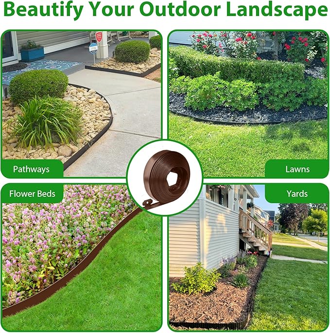 Landscape Edging Border 60 FT 2 Inch Tall with 120 Spikes, Plastic Edging for Landscaping, Garden Edging Border, Flower Bed, Paver and Lawn Edging Border, Brown