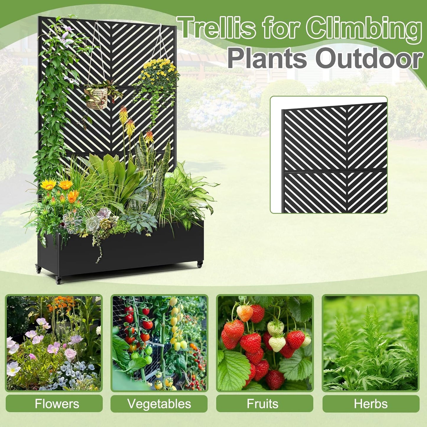Raised Garden Bed with Trellis and Wheels,73"x47"x16" Metal Raised Garden Bed,Black Parallel Metal Planter with Climbing Trellis for Vines & Vegetables