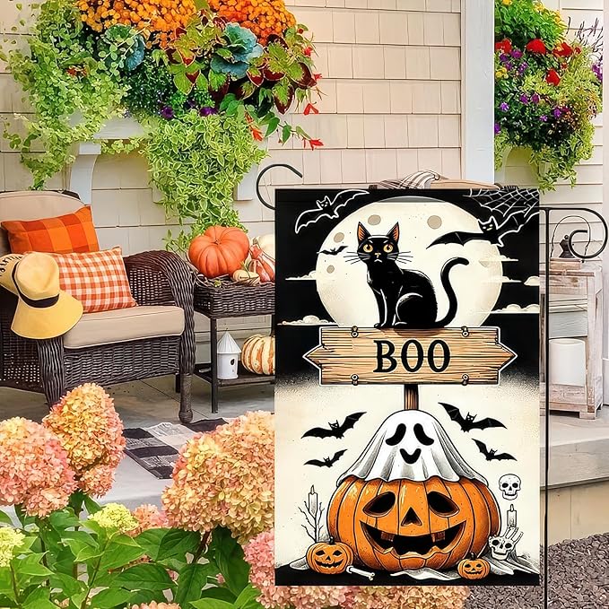Halloween Garden Flag 12x18 Inch Double Sided Ghost Pumpkin Flags Cat Boo Sign Moon Bat Banner Small Yard Flag for Halloween Outdoor Decoration