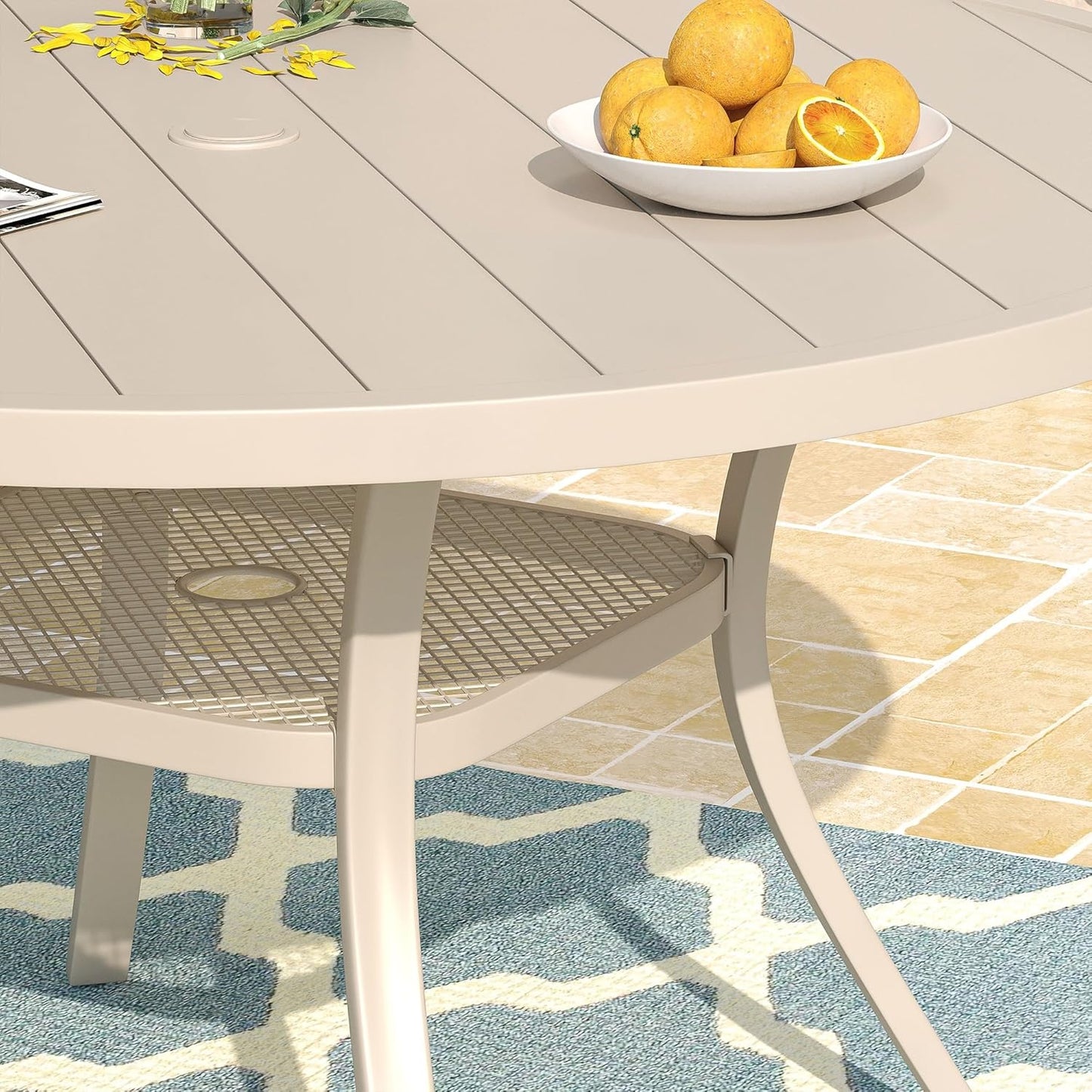 DIFY 48" Round Patio Dining Table for 6, Outdoor Metal Dining Table with 1.57" Umbrella Hole for Backyard Lawn Garden, Sandshell