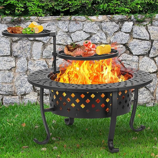 36 Inch Fire Pit with 2 BBQ Grills, Wood Burning Fire Pits for Outside with Lid & Fire Poker, BBQ& Outdoor Firepit & Round Metal Table 3 in 1 for Patio, Picnic, Party