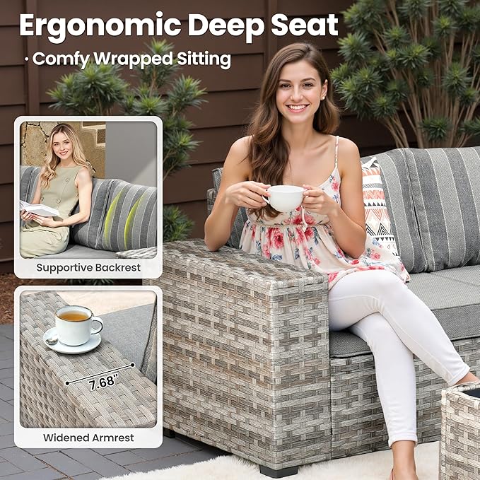 ovios 7 Pieces Patio Furniture Set, Outdoor Wicker Sectional Sofa with 30 Inch Fire Pit Table Comfy Cushions, Modern Modular Deep Seat Rattan Couch Conversation Set, Dark Gray Stripe