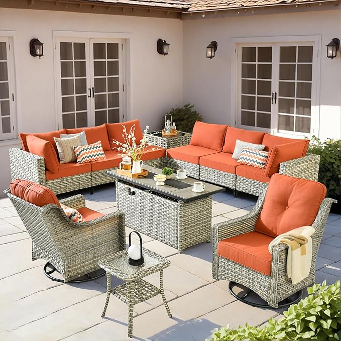 HOOOWOOO Outdoor Patio Furniture Set with Fire Pit Table,11 Pieces Wicker Out Door Sectional Furniture L Shaped Couch,Outside Patio Conversation Swivel Chair Sets,Orange Red